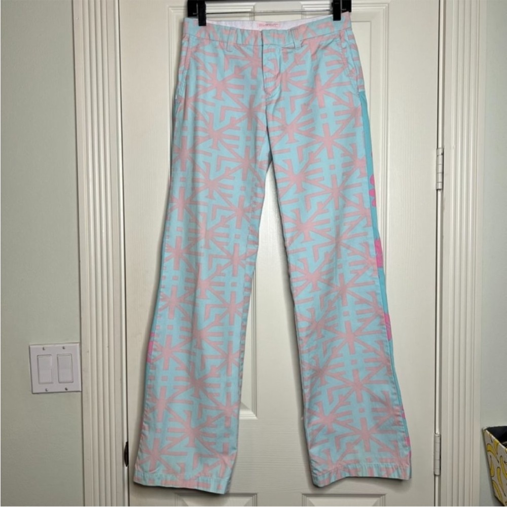 Custo Barcelona Light Blue and Pink geometric floral patterned Trousers sz2